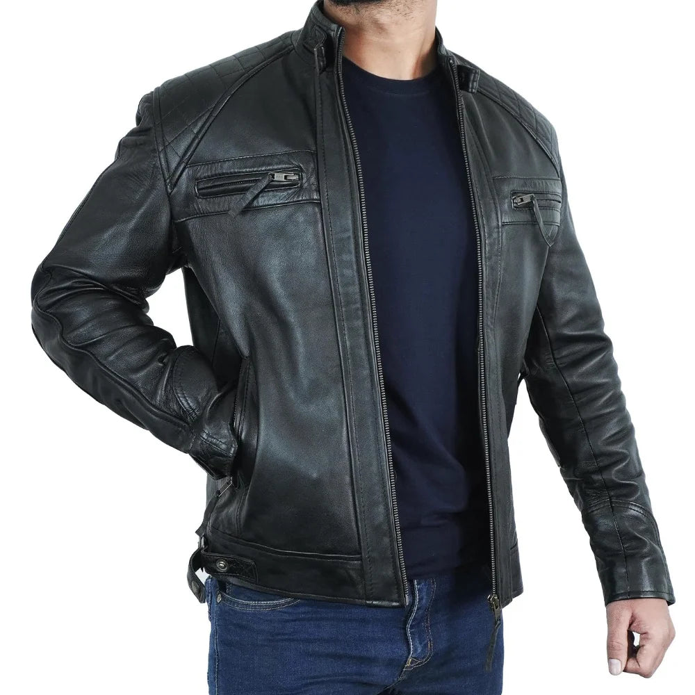 Men's Quilted Shoulder Lambskin Black Leather Moto Jacket