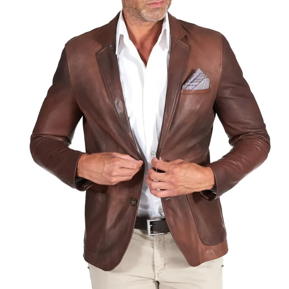 Men's Lambskin Two Button Brown Real Leather Blazer