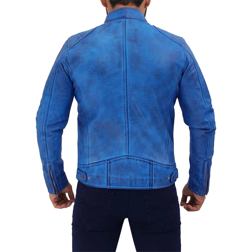 Mens Genuine Lambskin Blue Café Racer Leather Jacket