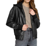 Women's Black Hooded Leather Bomber Jacket with Removable Hood