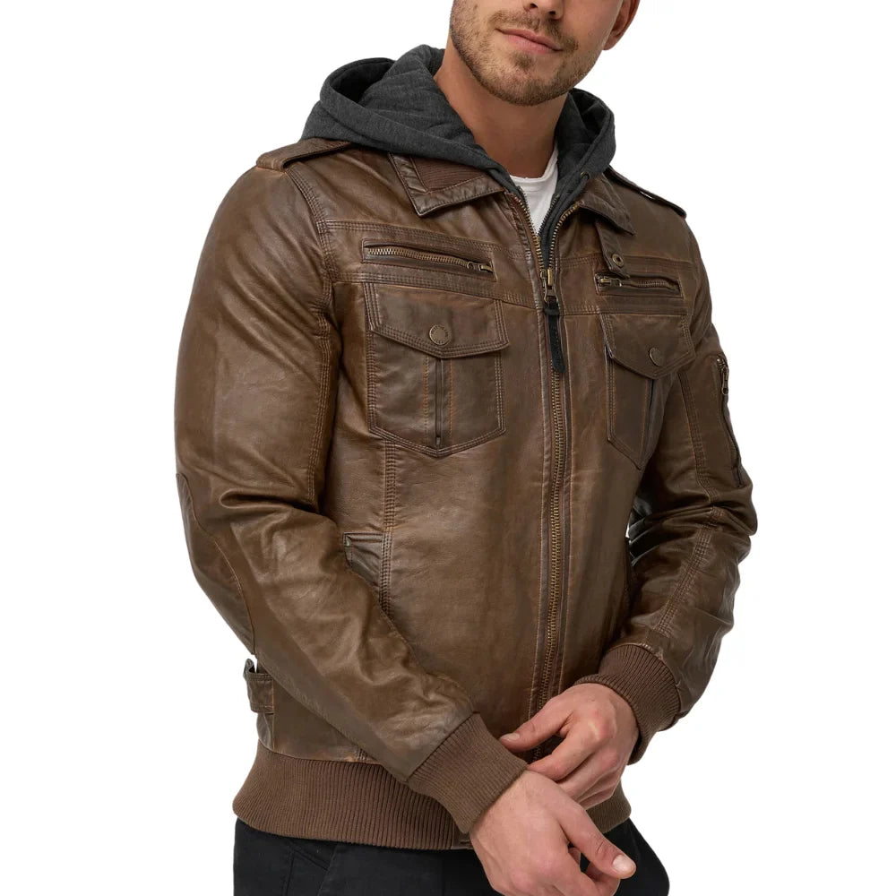 Mens Dark Brown Leather Bomber Jacket With Removable Hood