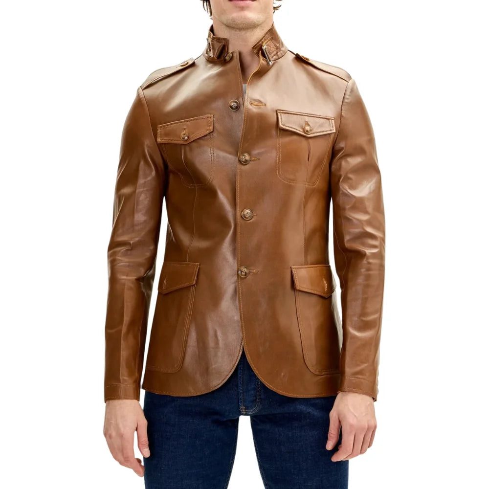 Mens Brown Real Lambskin Safari Leather Jacket