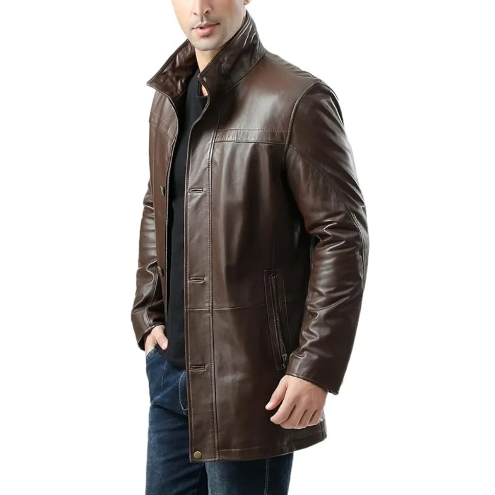 Men’s Lambskin Chocolate Brown Leather Car Coat