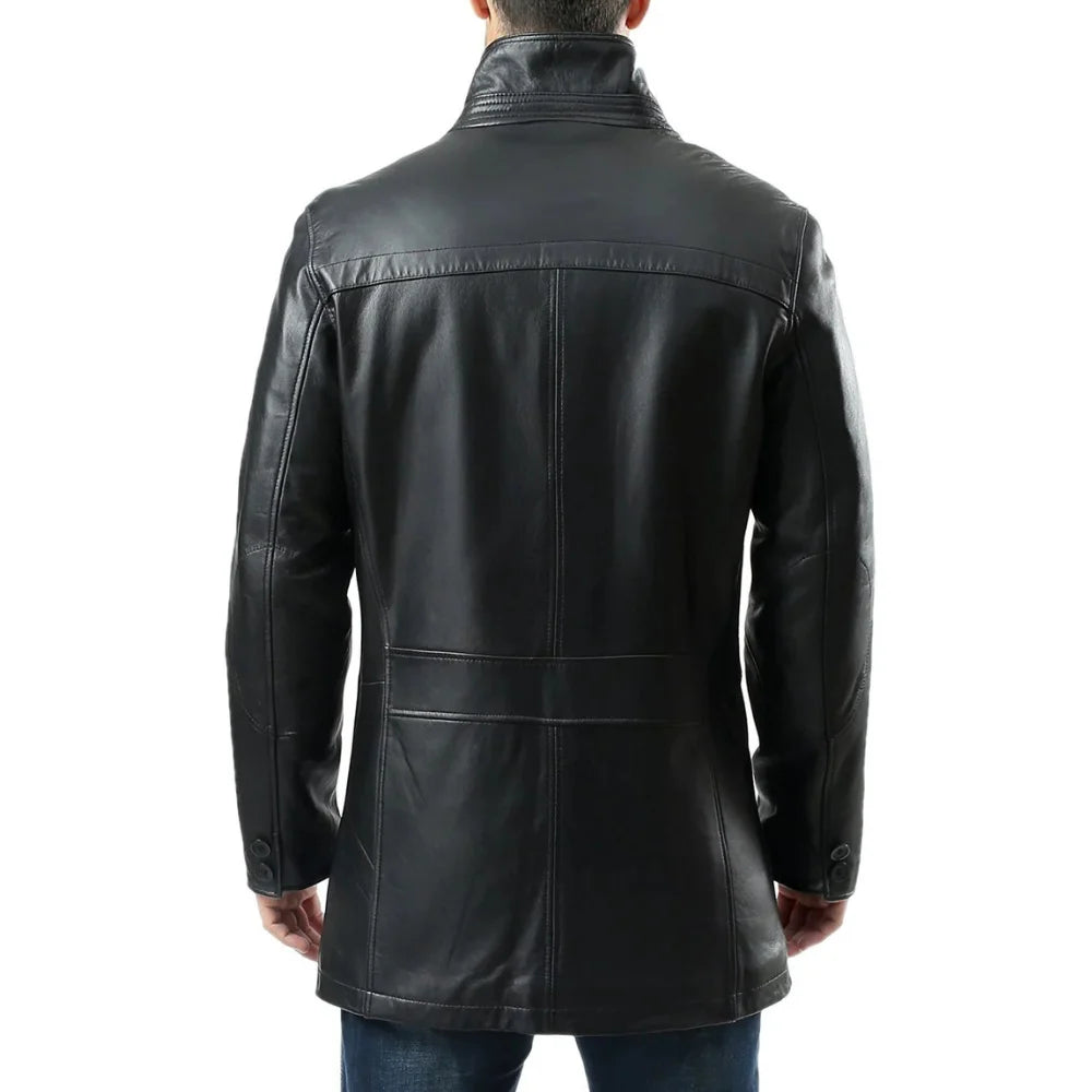 Alberto Men's Lambskin Black Leather Car Coat - 3/4 Length Coat