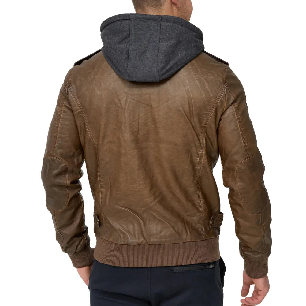 Mens Dark Brown Leather Bomber Jacket With Removable Hood