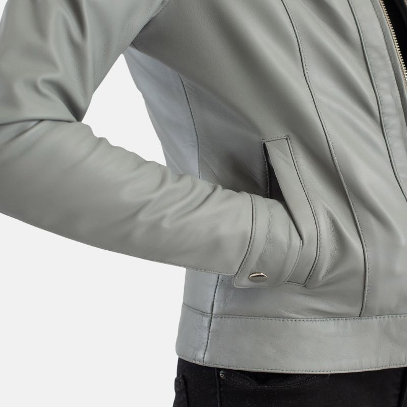 Shirt Collar Grey Leather Jacket Womens