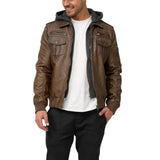 Mens Dark Brown Leather Bomber Jacket With Removable Hood