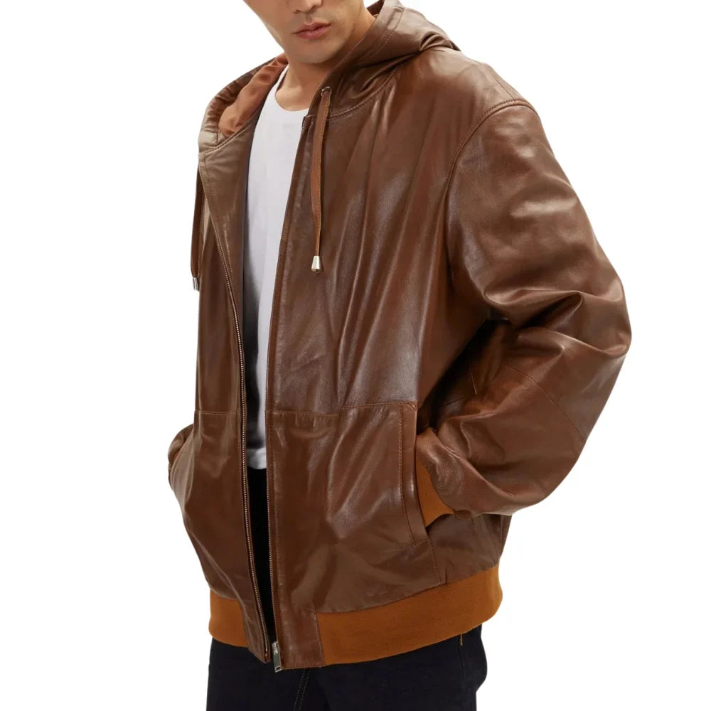 Mens Brown Leather Bomber Jacket with Hood