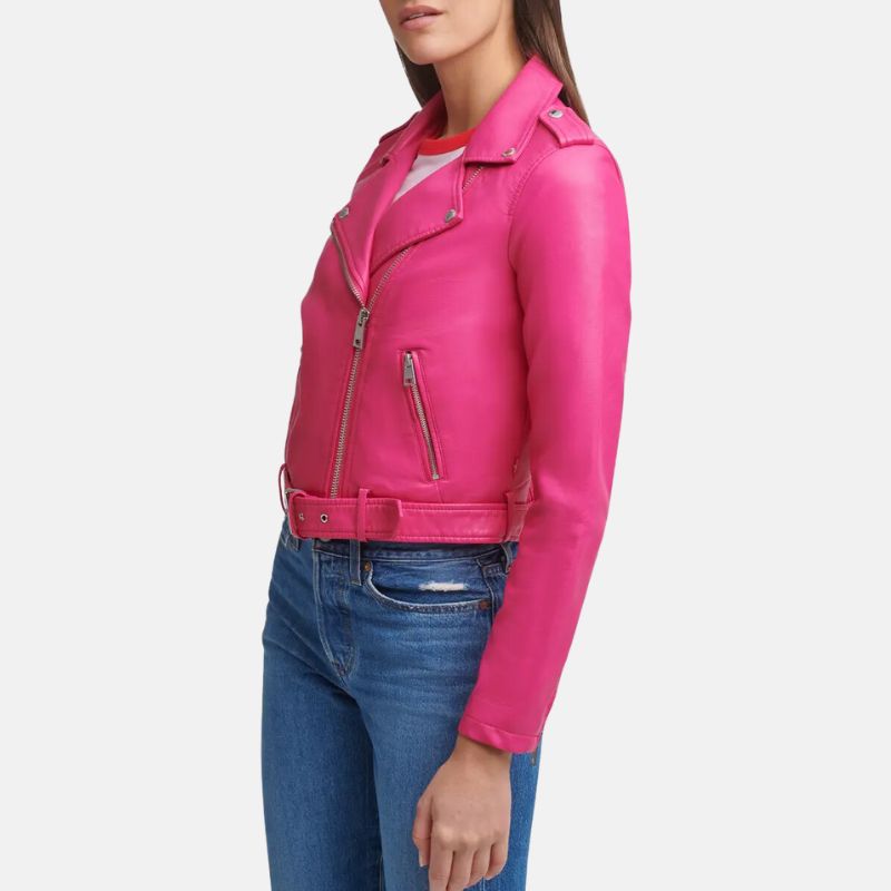 Asymmetrical Hot Pink Leather Jacket For Womens