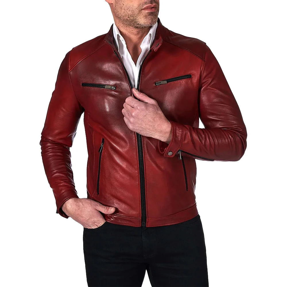 Mens Rich Burgundy Leather Biker Jacket