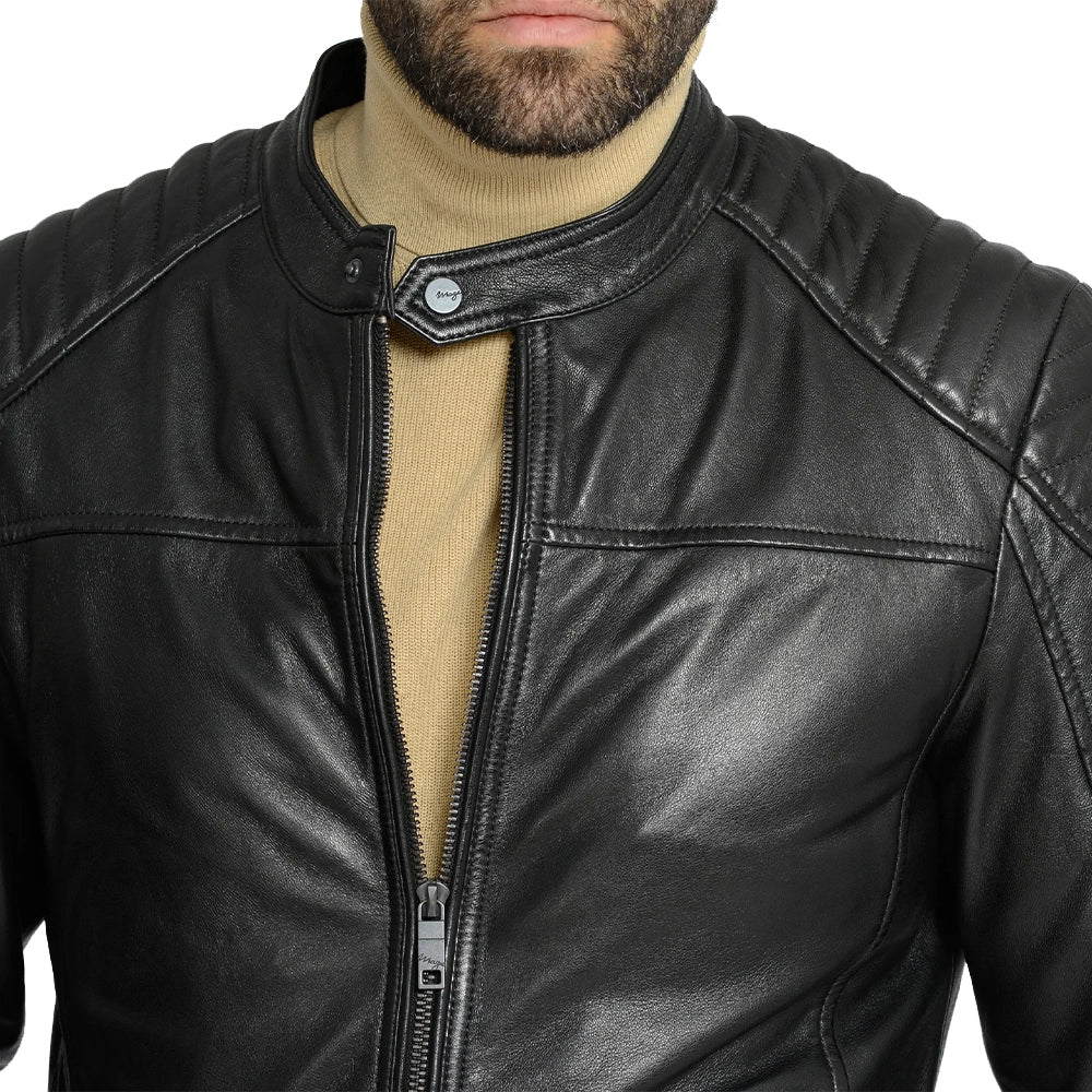 Mens Padded Black Cafe Racer Leather Jacket