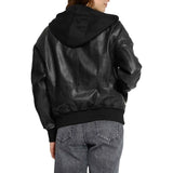 Women's Black Hooded Leather Bomber Jacket with Removable Hood