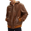 Mens Brown Leather Bomber Jacket with Hood