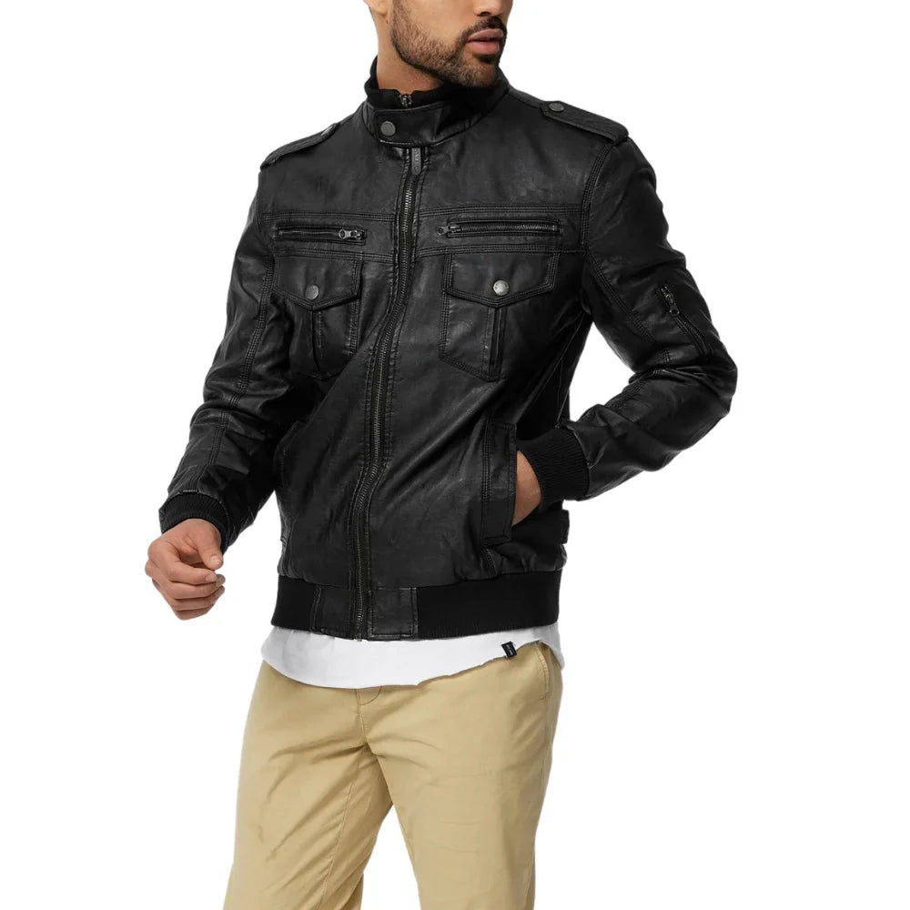 Men's Versatile Black Trucker Leather Bomber Jacket