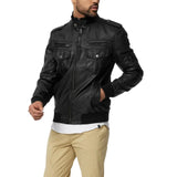 Men's Versatile Black Trucker Leather Bomber Jacket