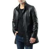 Alberto Men's Lambskin Black Leather Car Coat - 3/4 Length Coat