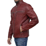 Mens Motorcycle Quilted Maroon Leather Jacket