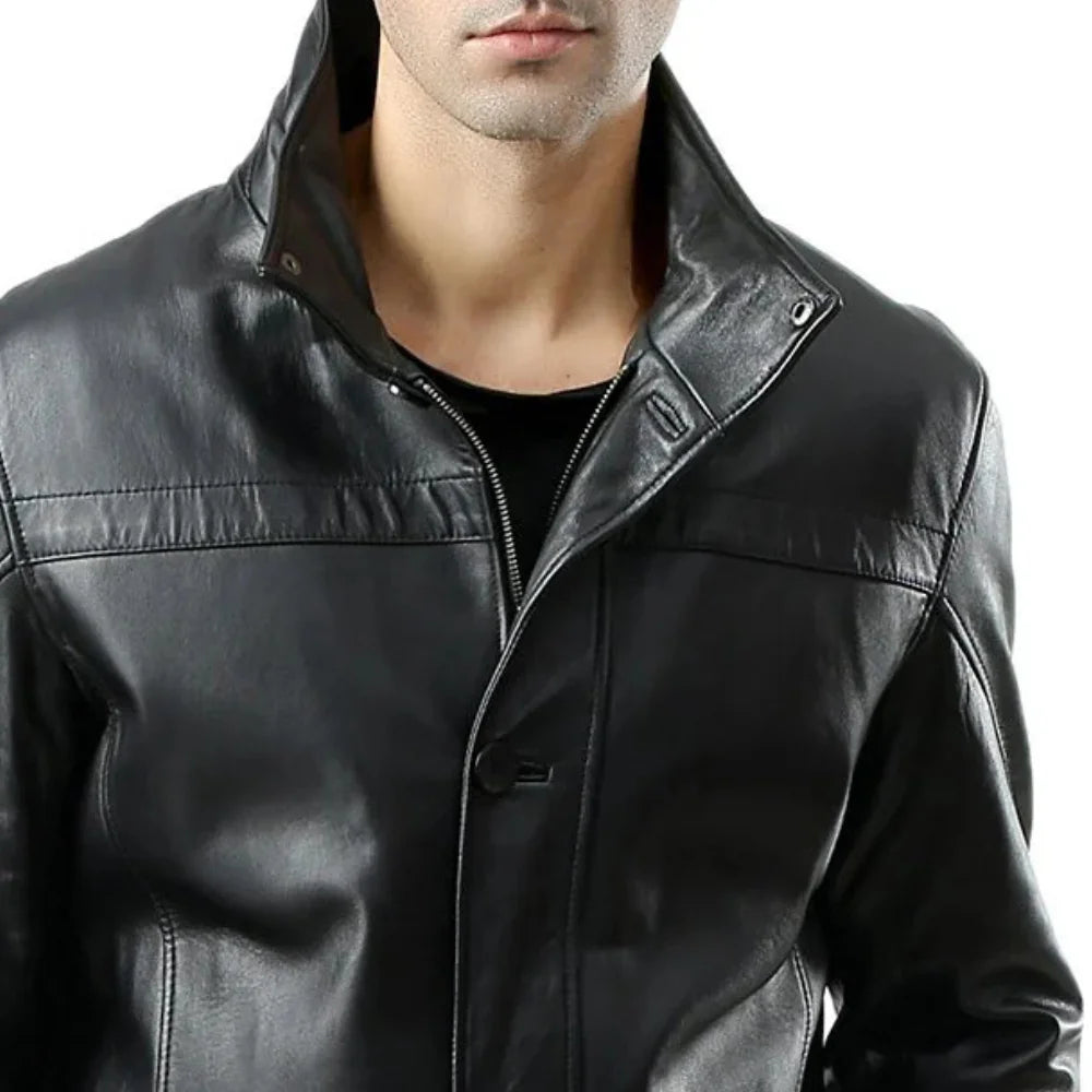 Alberto Men's Lambskin Black Leather Car Coat - 3/4 Length Coat