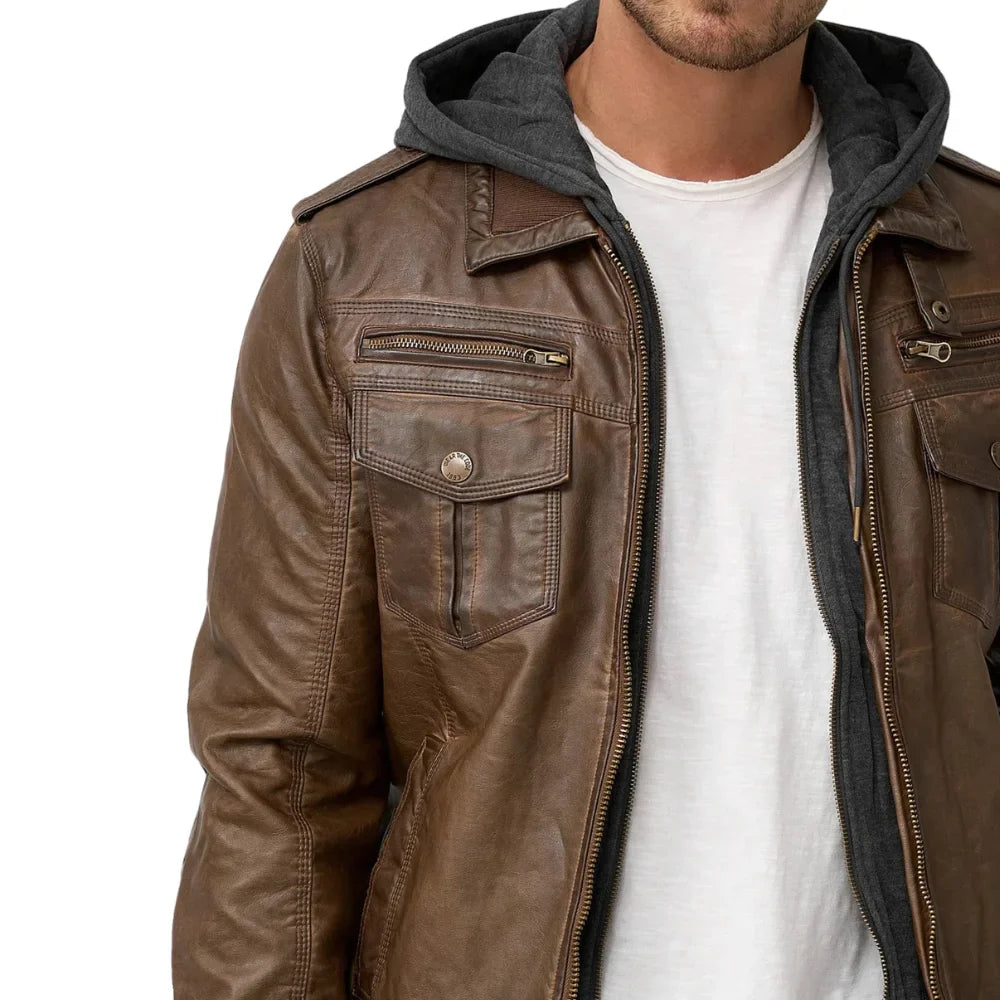 Mens Dark Brown Leather Bomber Jacket With Removable Hood