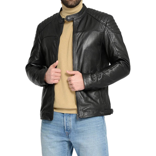 Mens Padded Black Cafe Racer Leather Jacket