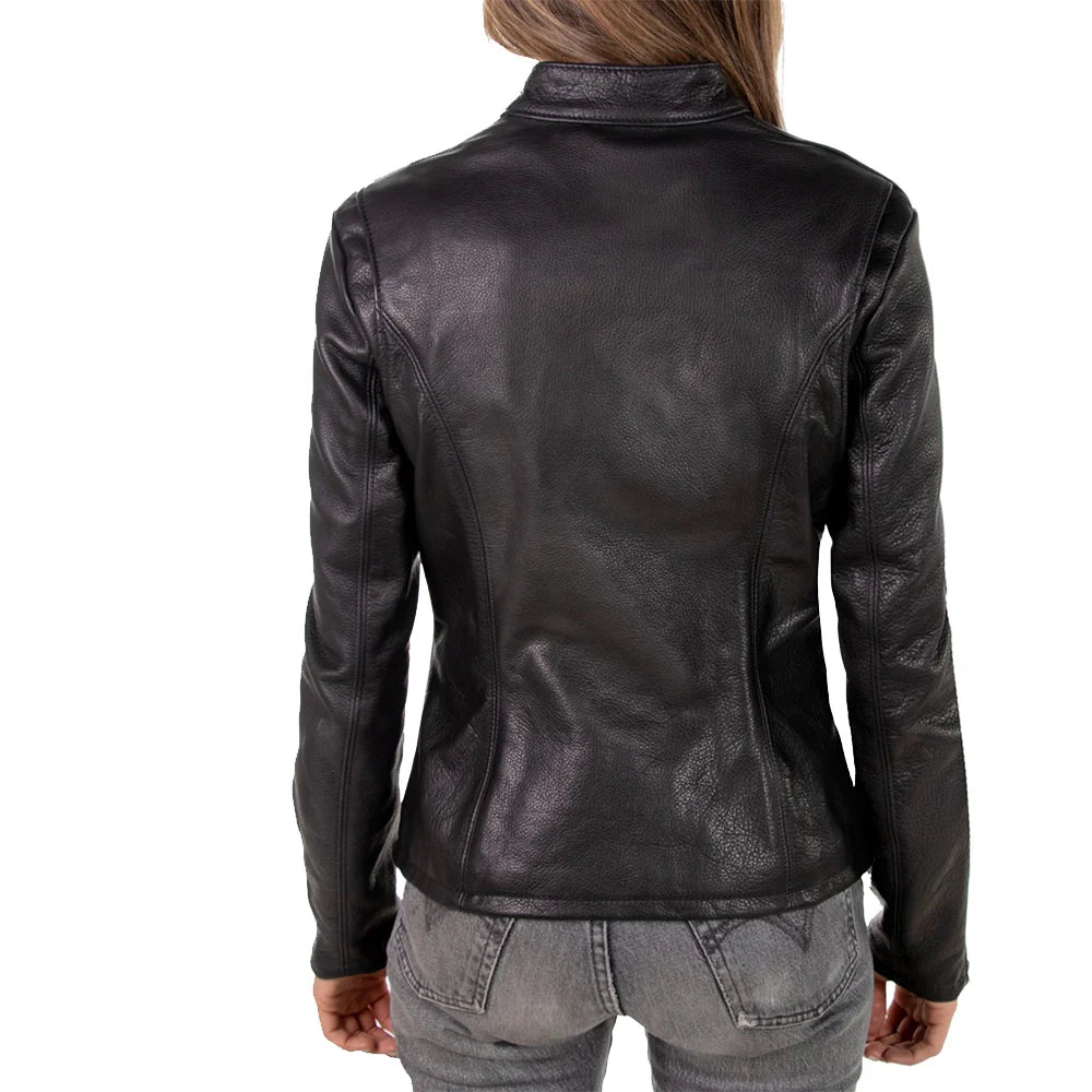 Women's Black Leather Cafe Racer Jacket