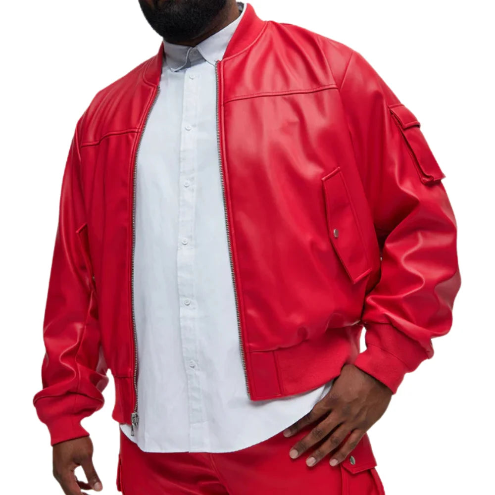 Men's Arm Pocket Oversized Red Leather Bomber Jacket