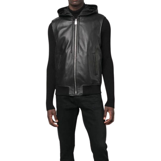 Hooded Mens Black Leather Vest