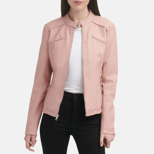 Light Pink Cafe Racer Leather Jacket Womens