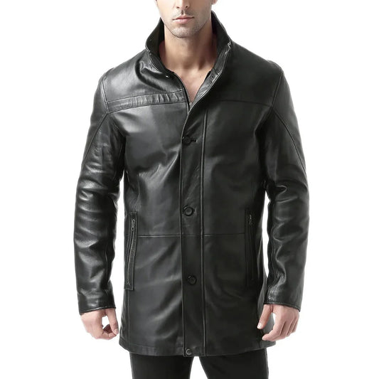 Alberto Men's Lambskin Black Leather Car Coat - 3/4 Length Coat