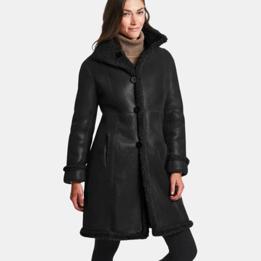 Victoria Womens Black Leather Shearling Winter Coat