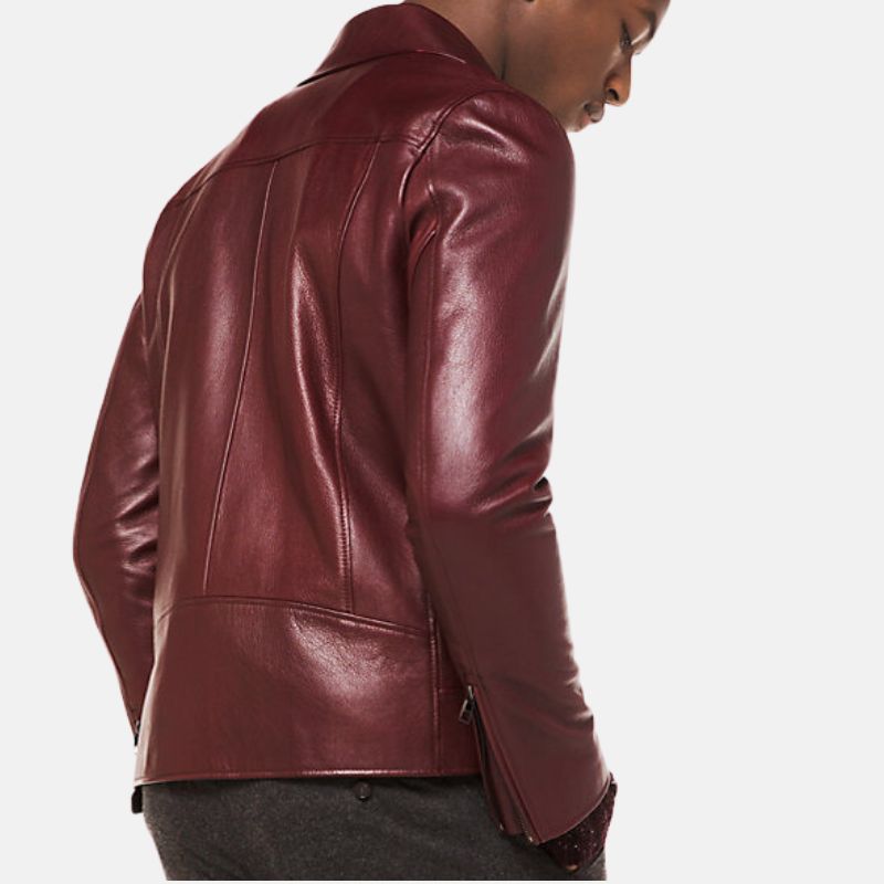 Maroon Biker Asymmetrical Leather Jacket For Mens