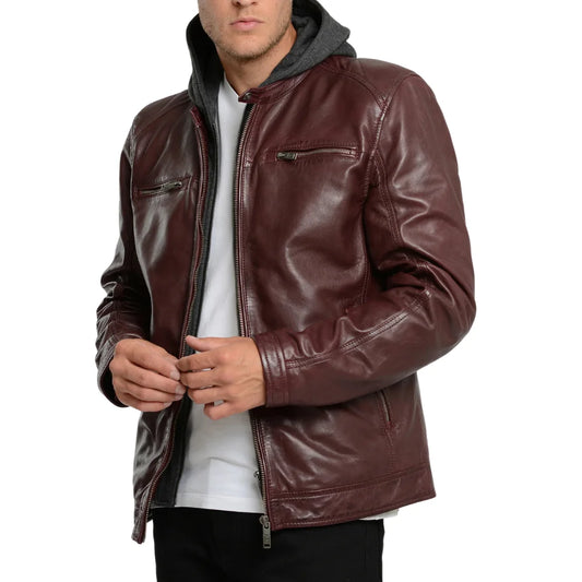 Men's Maroon Bomber Hooded Leather Jacket