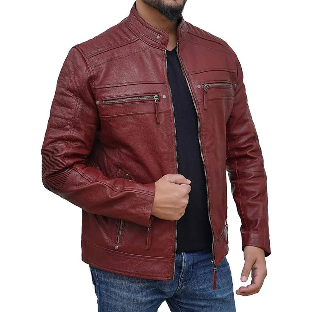 Mens Motorcycle Quilted Maroon Leather Jacket