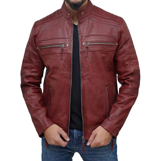 Mens Motorcycle Quilted Maroon Leather Jacket