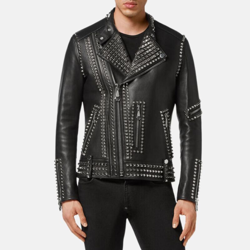 Mens Biker Black Studded Leather Jacket