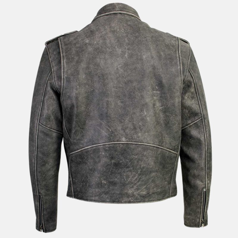 Distressed Grey Asymmetrical Biker Leather Jacket For Mens