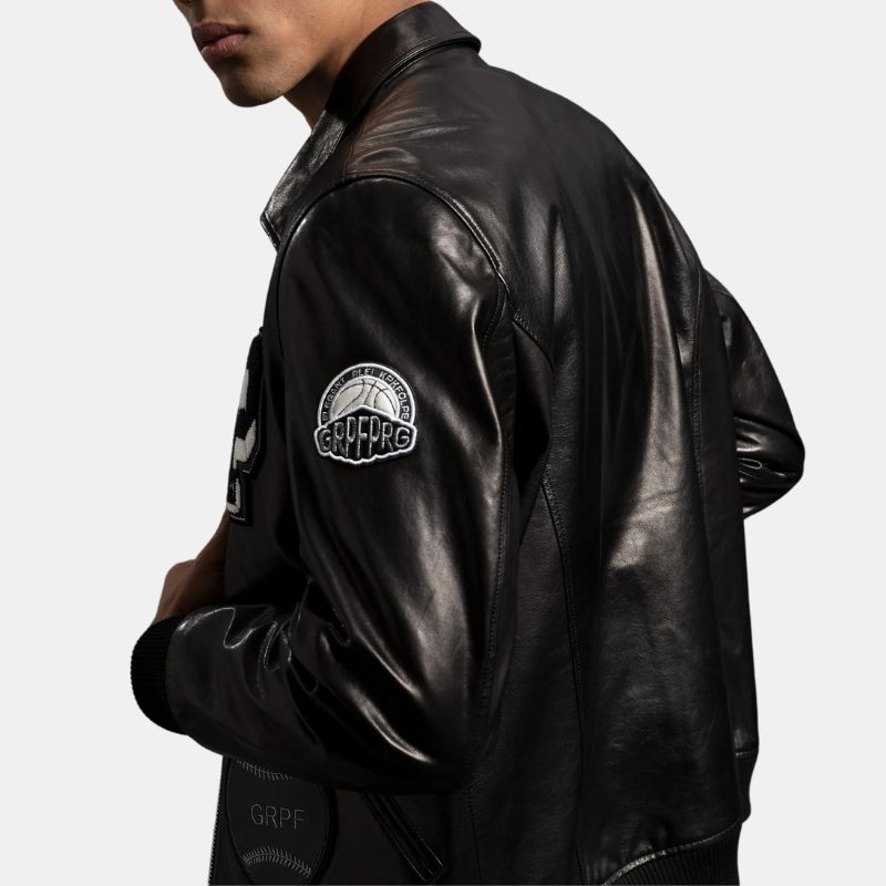 Black Bomber Varsity Leather Jacket With Patches For Mens