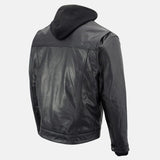 Black Leather Button Up Jacket With Removable Hood For Men's