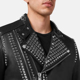 Mens Biker Black Studded Leather Jacket