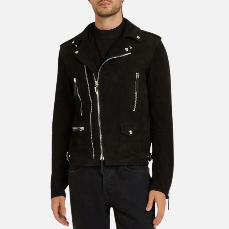 Mens Black Suede Leather Moto Jacket