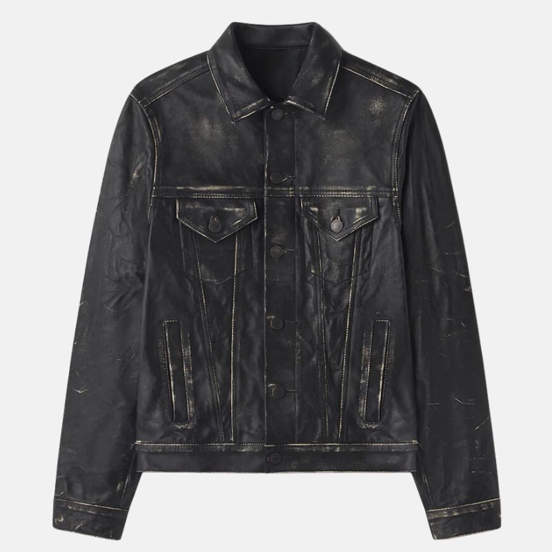 Mens Distressed Black Trucker Leather Jacket