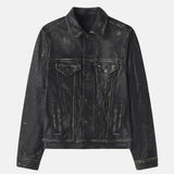 Mens Distressed Black Trucker Leather Jacket