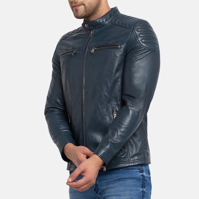 Mens Navy Blue Cafe Racer Leather Jacket