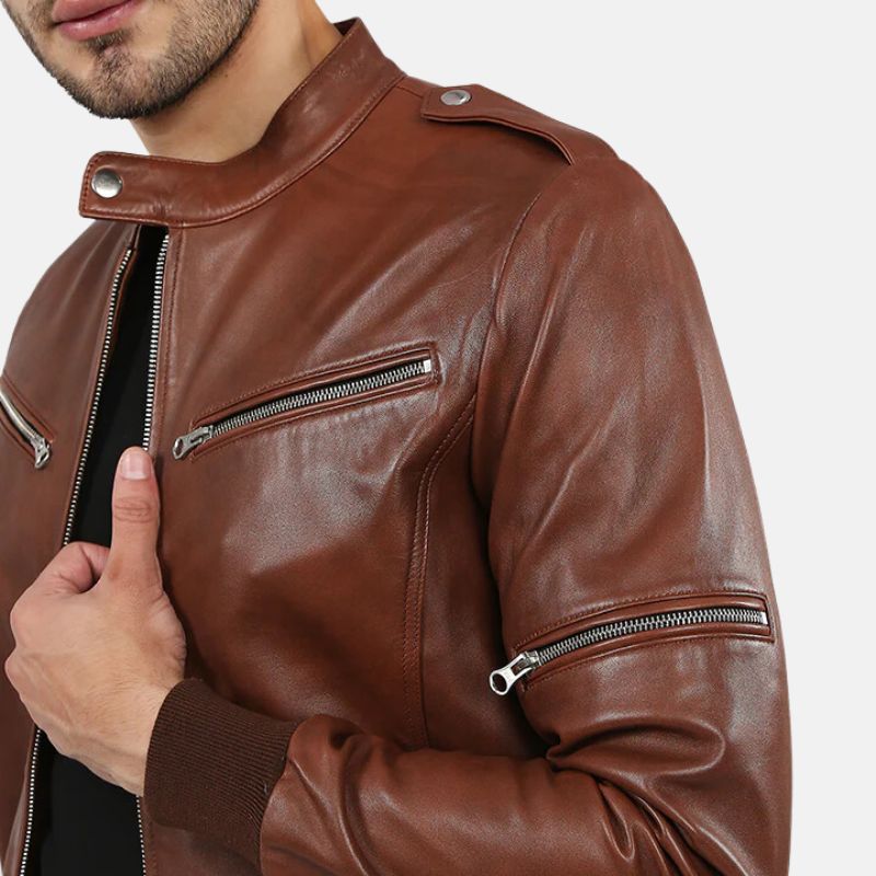 Dark Brown Leather Bomber Jacket For Mens