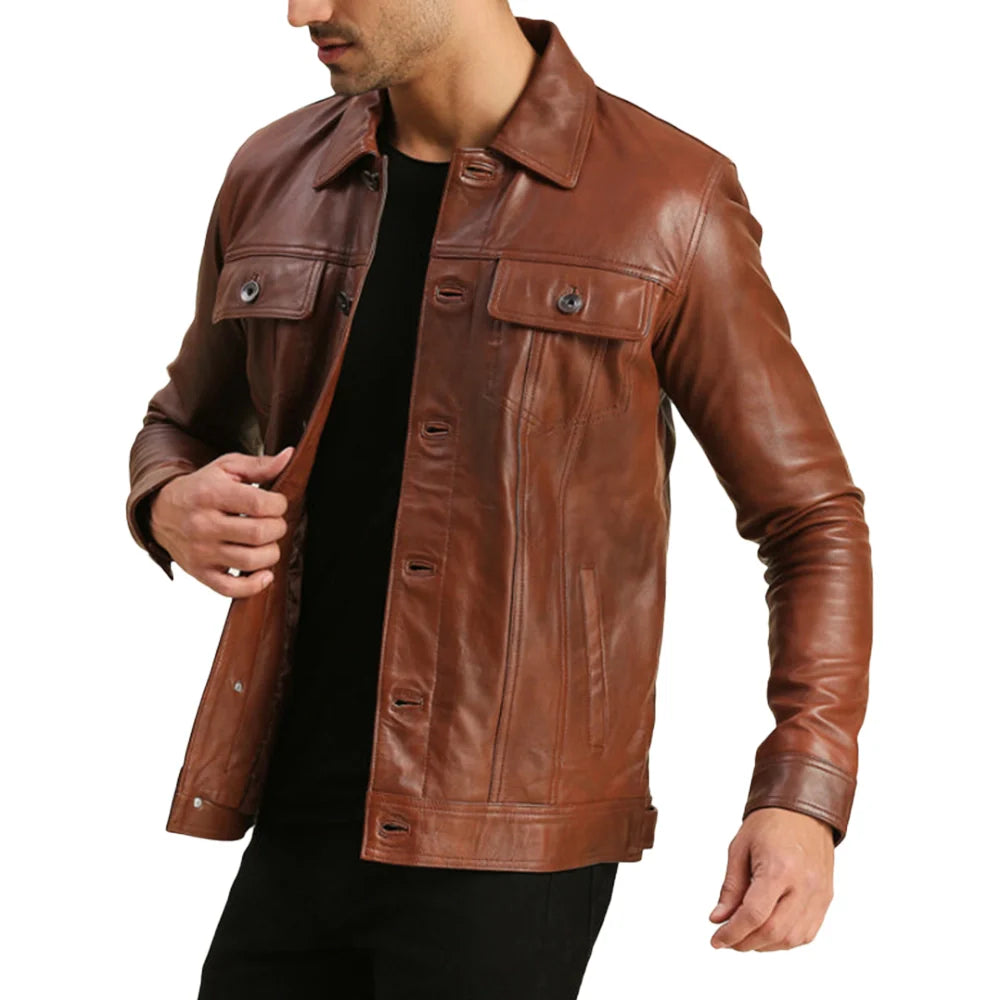 Mens Trucker Leather Brown Moto Jacket