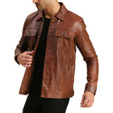 Mens Trucker Leather Brown Moto Jacket