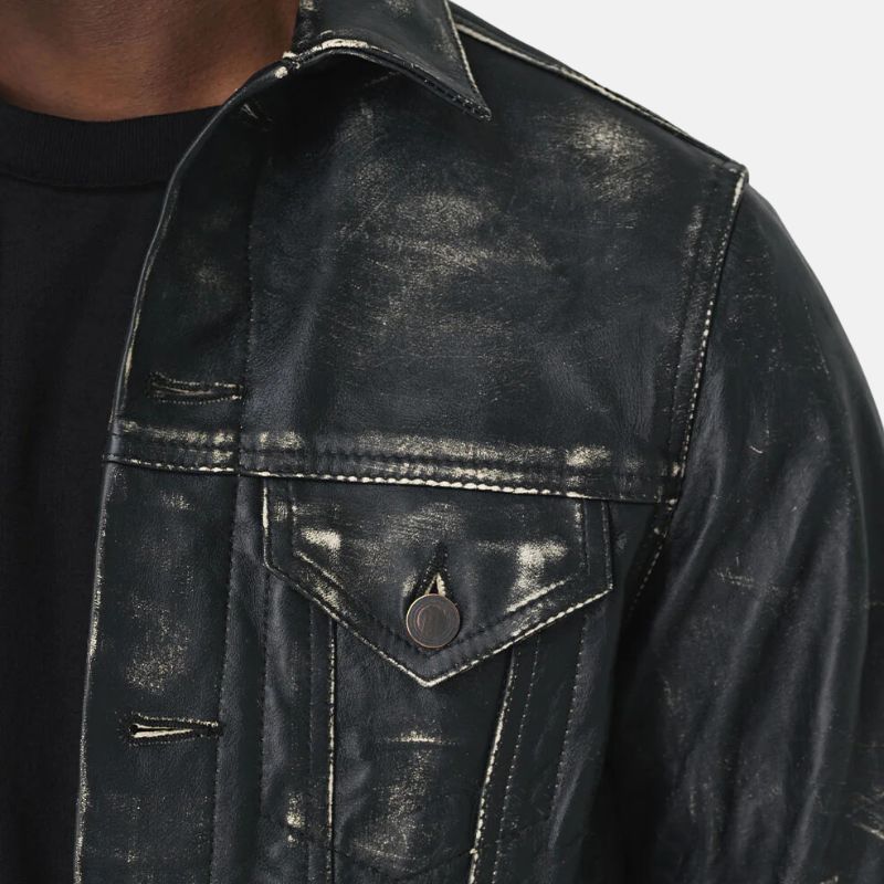 Distressed Black Trucker Leather Jacket