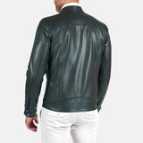 Green Snap Tap Leather Cafe Racer Jacket