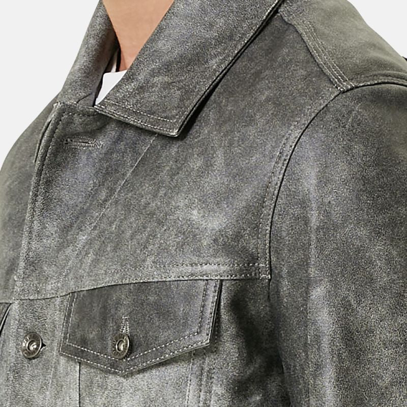 Distressed Grey Trucker Leather Jacket For Mens