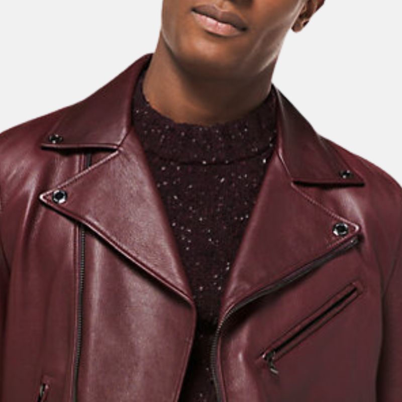 Mens Maroon Asymmetrical Leather Biker Jacket